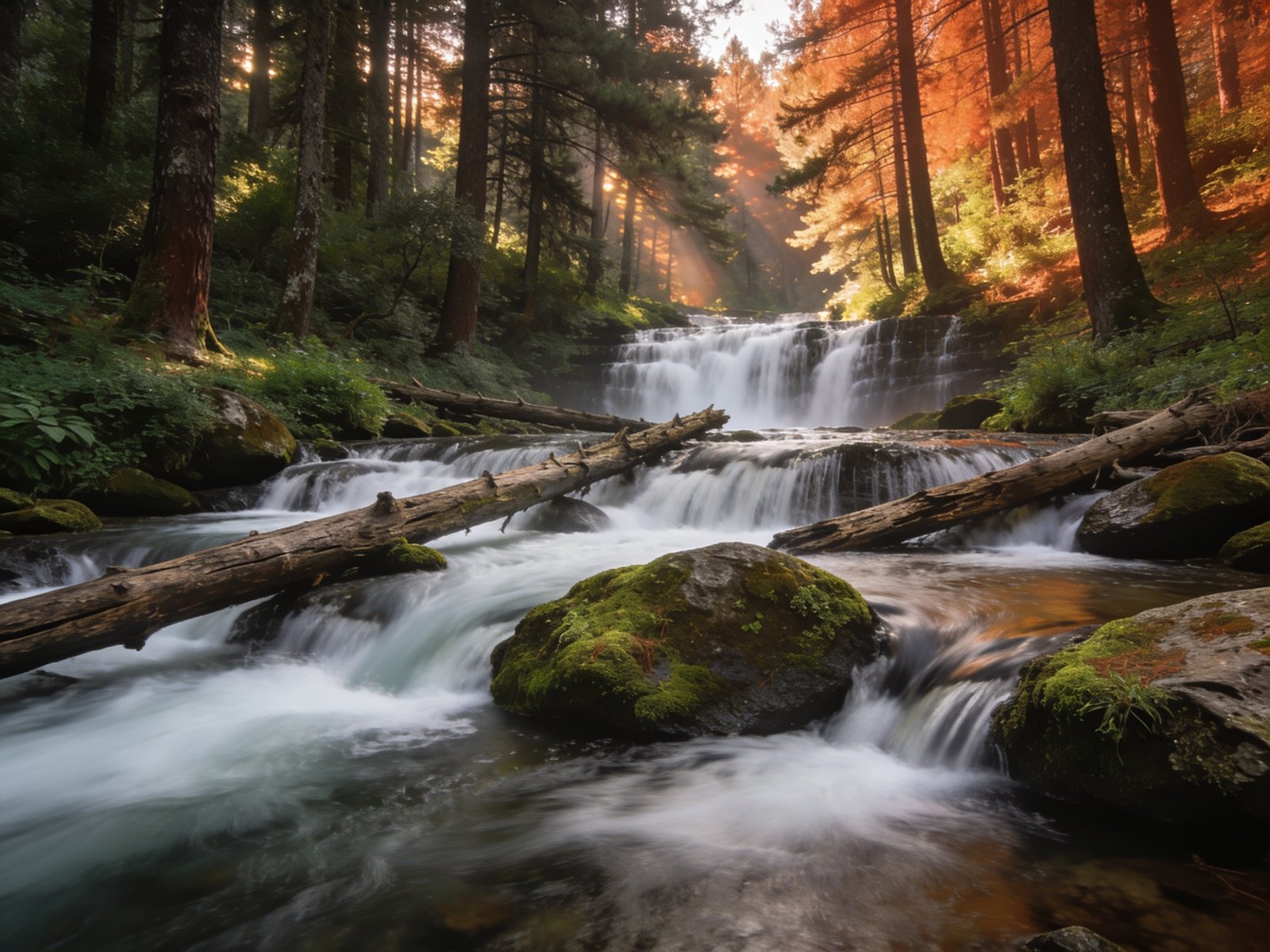 Cascada Río del Molino con rocas musgosas y troncos en bosque de Avándaro