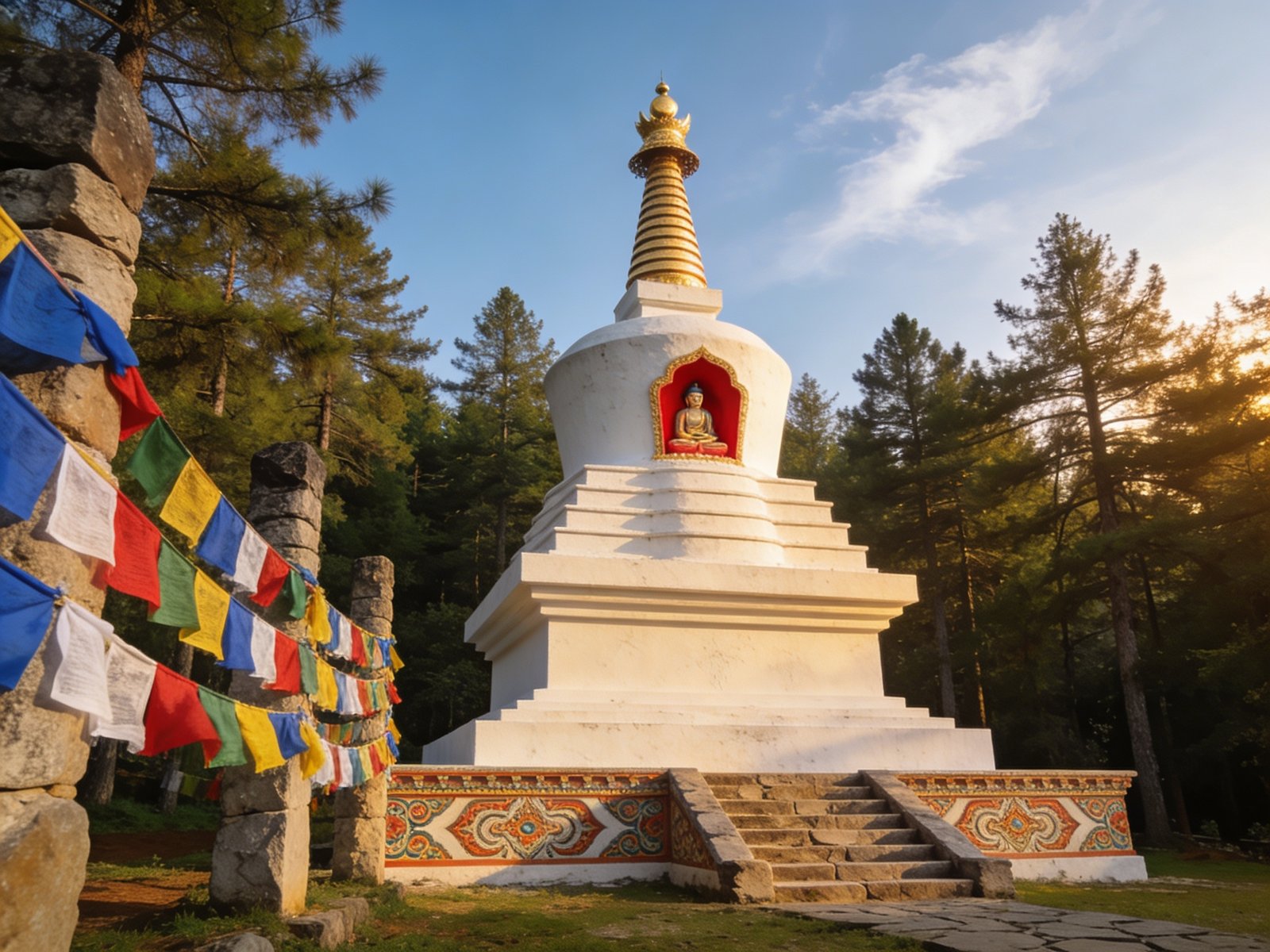 Gran Stupa Bön blanca con banderas de oración tibetanas, San Mateo Acatitlán